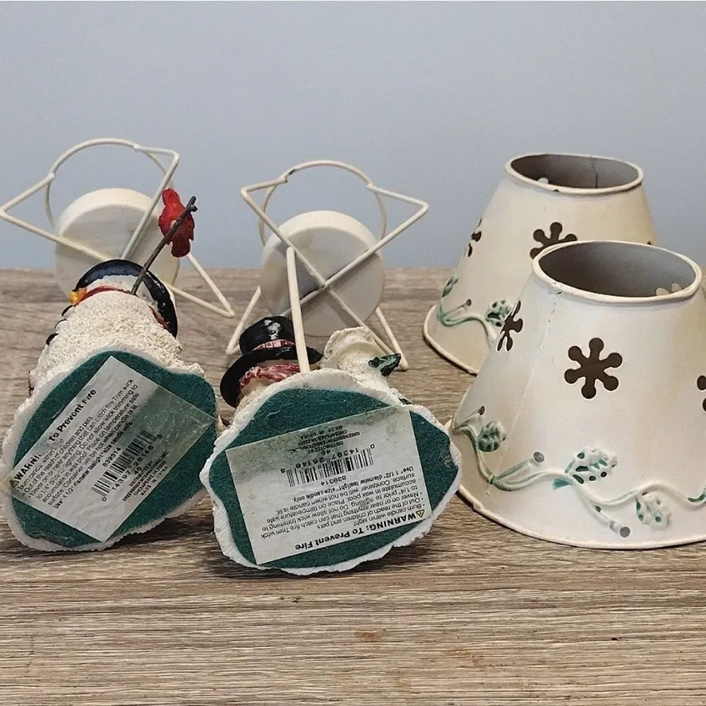 VTG Set of 2 Christmas Ceramic Snowman‎ Metal Shade Tealight Holders